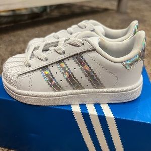 Adidas white toddler sneakers with silver sparkle size 6.5K